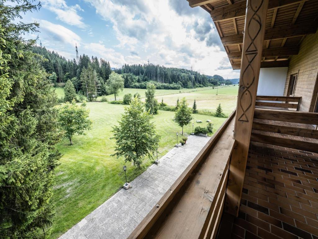 View from the chalet balcony over meadow and forest