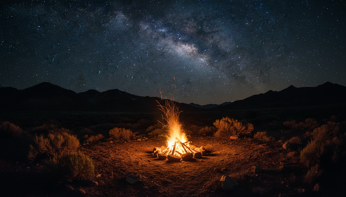 A campfire burning under a starry desert sky with mountains on the horizon